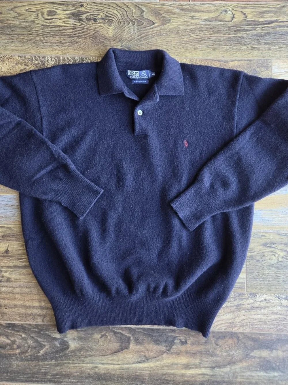 Vintage'90s Polo Ralph Lauren Pony 100% Lambswool Soft Polo-Sweater Navy Blue